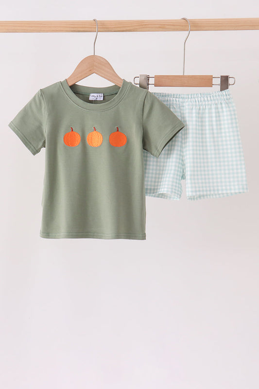 Boys Sage Pumpkin Embroidery Gingham Shorts Set