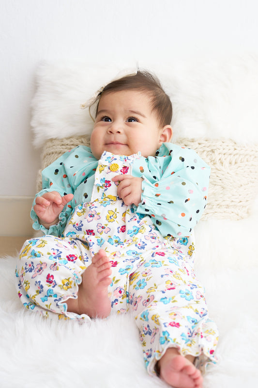 Mint Floral Print Baby Girl Romper