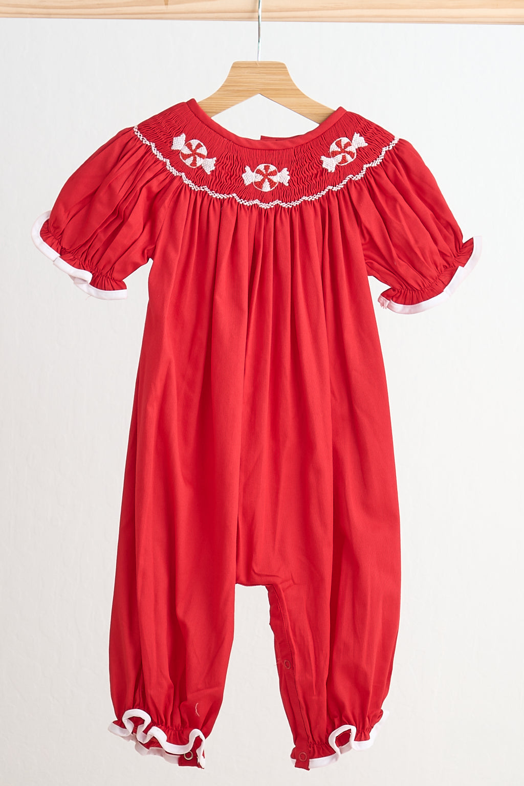 Red Christmas Candy Hand Smocked Girl Romper