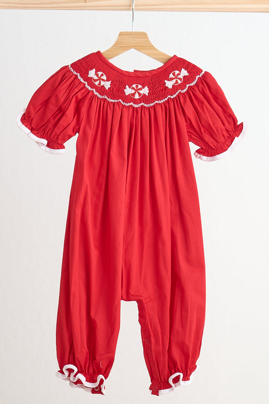 Red Christmas Candy Hand Smocked Girl Romper