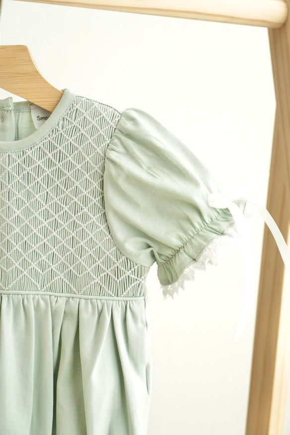 Sage Smocked Lace Girl Bubble