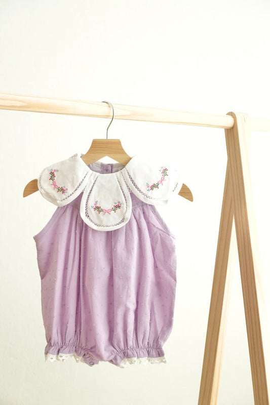 Lavender Floral Bow Embroidery Swiss Dot Bubble