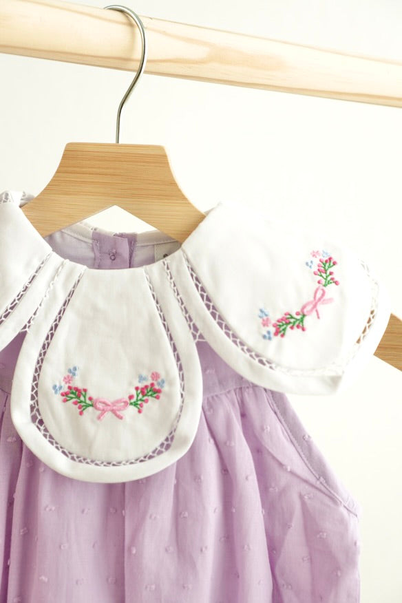 Lavender Floral Bow Embroidery Swiss Dot Bubble