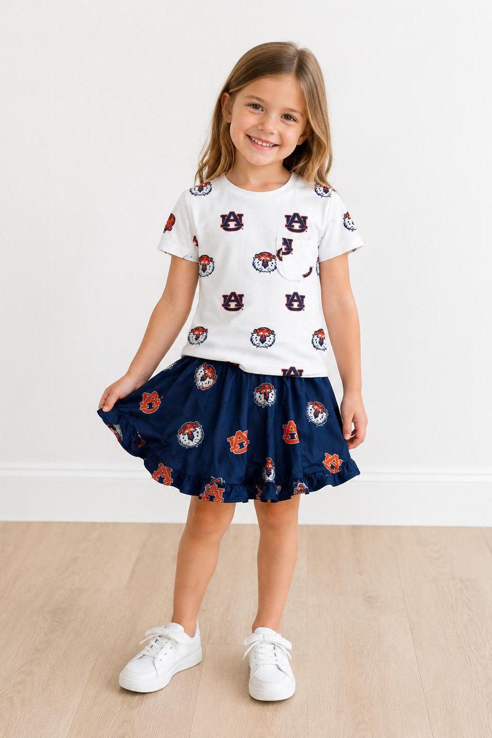 Girls Auburn White Aubie Ruffle Pocket Tee