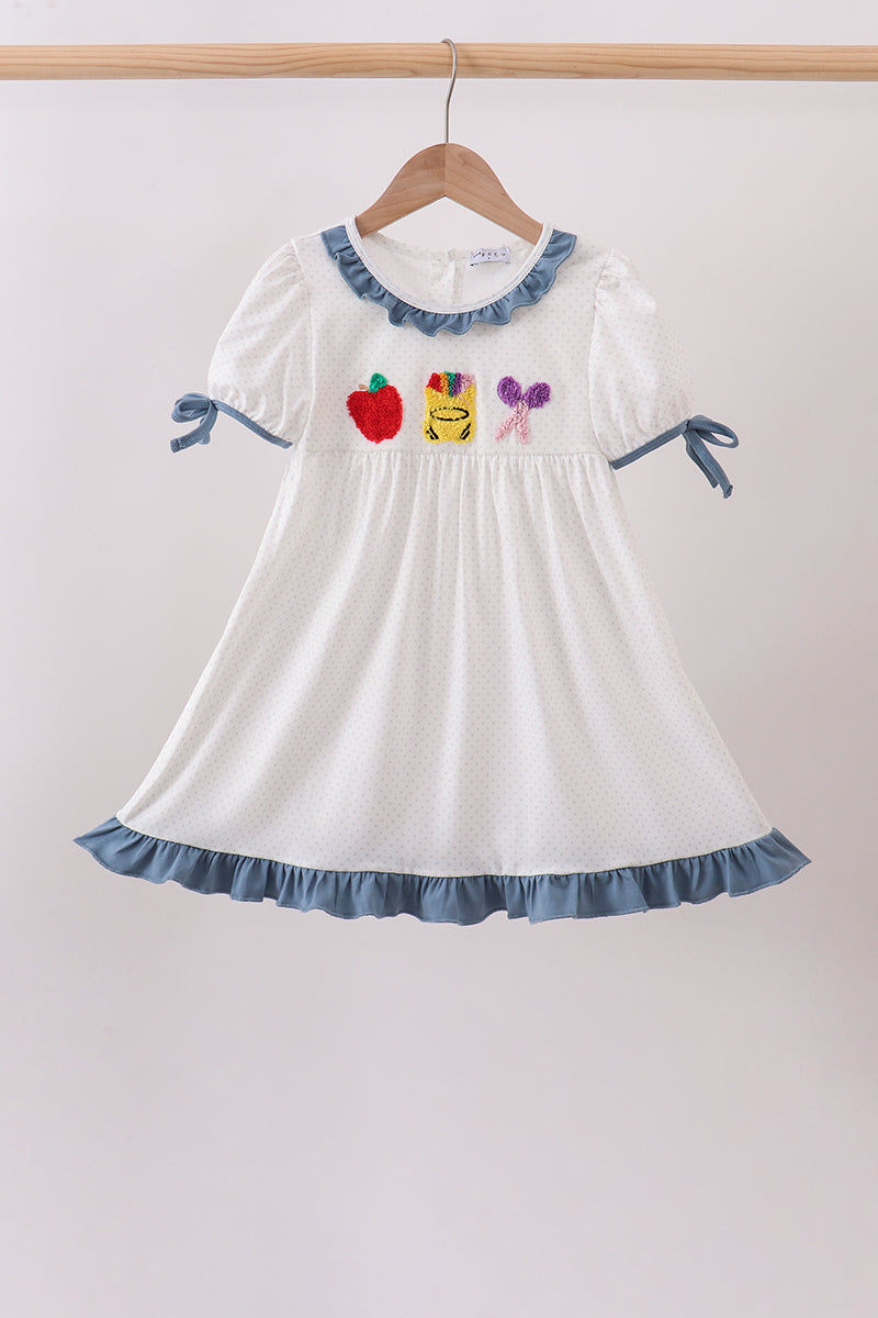 Girls Back to School Blue Apple Crayon French Knot Ruffle Dress