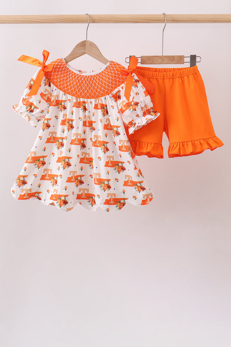 Girls Orange Tennessee Smocked Scalloped Ruffle Shorts Set