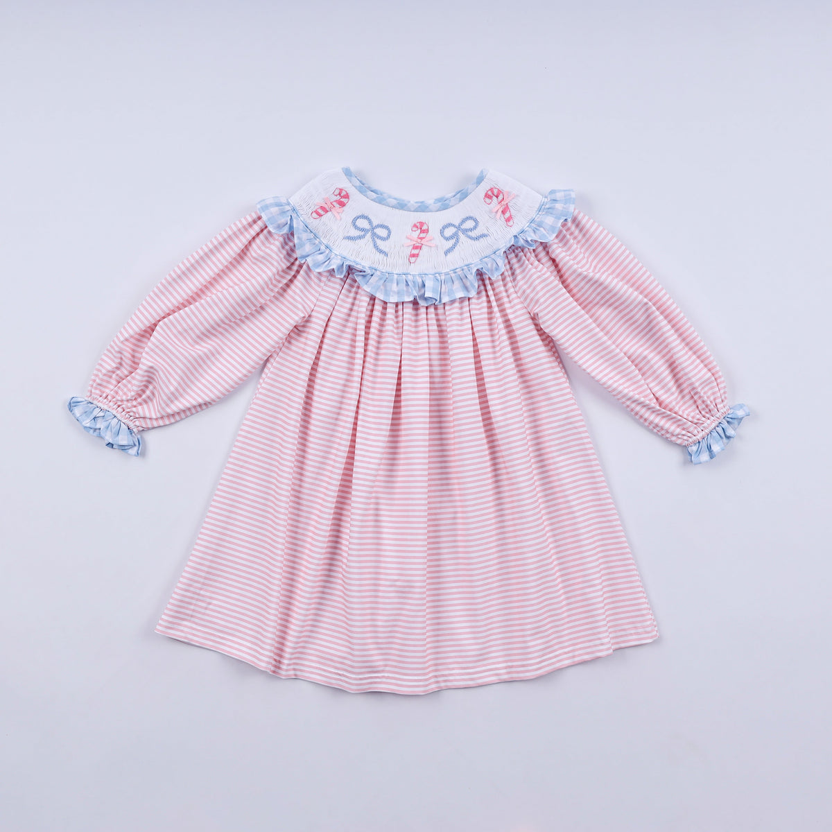 Girls Pink Candy Cane Bow Hand Smocked Ruffle Dress