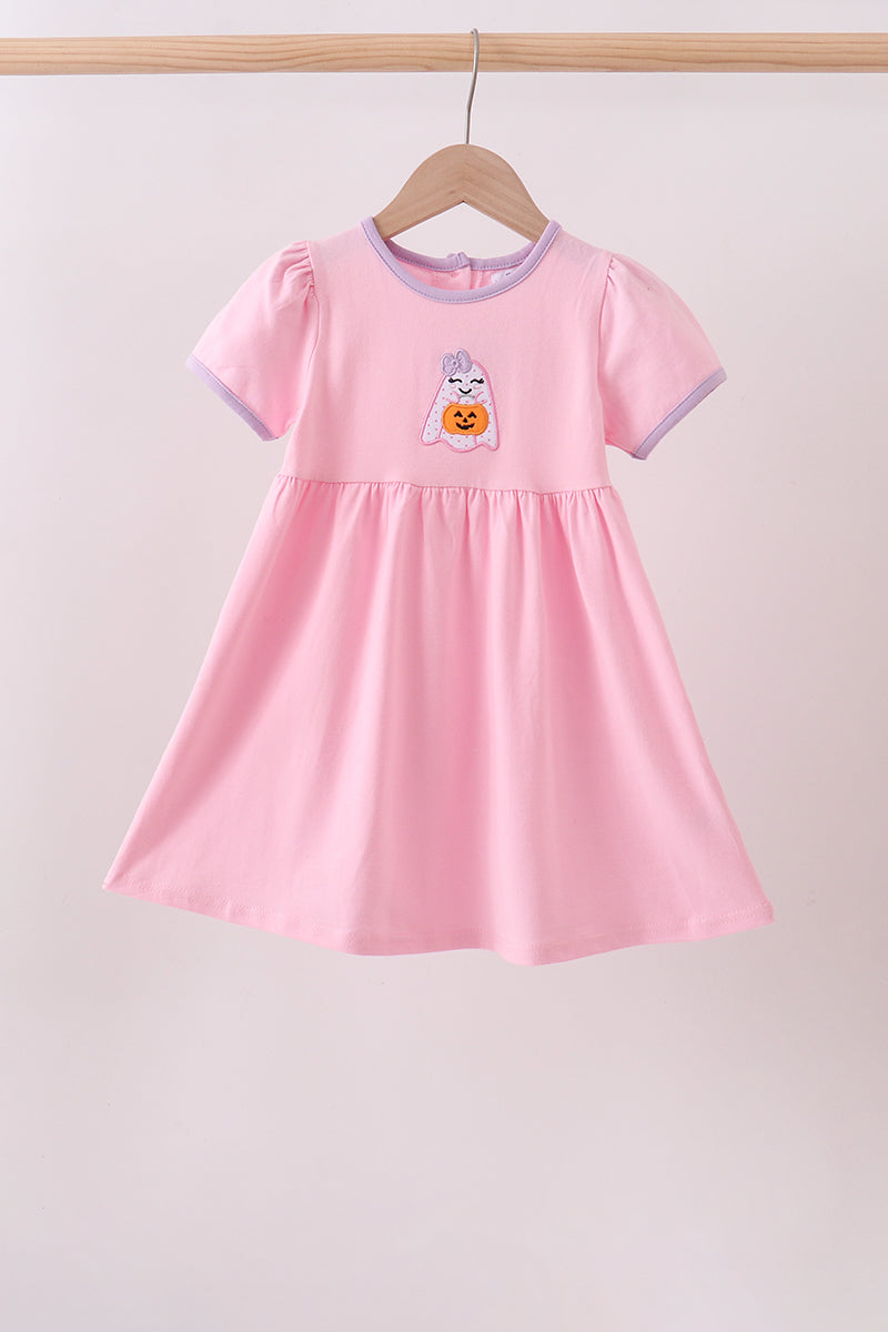 Girls Pink Ghost Pumpkin Embroidery Dress