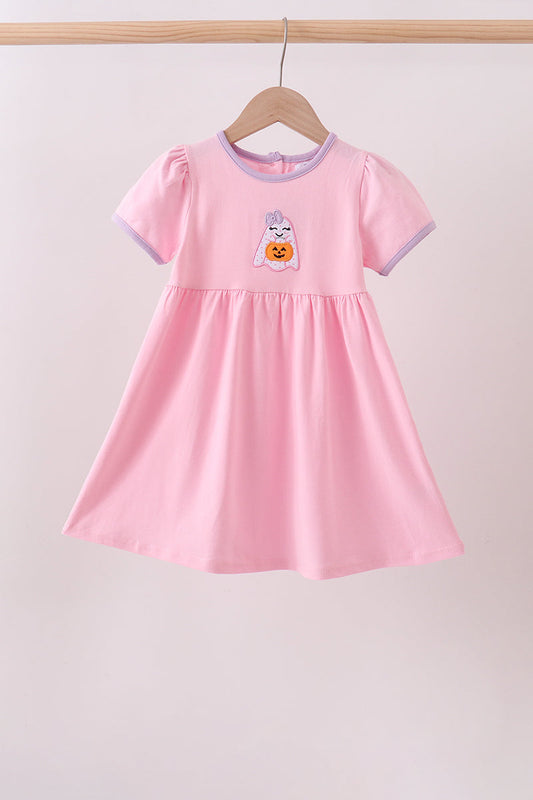 Girls Pink Ghost Pumpkin Embroidery Dress
