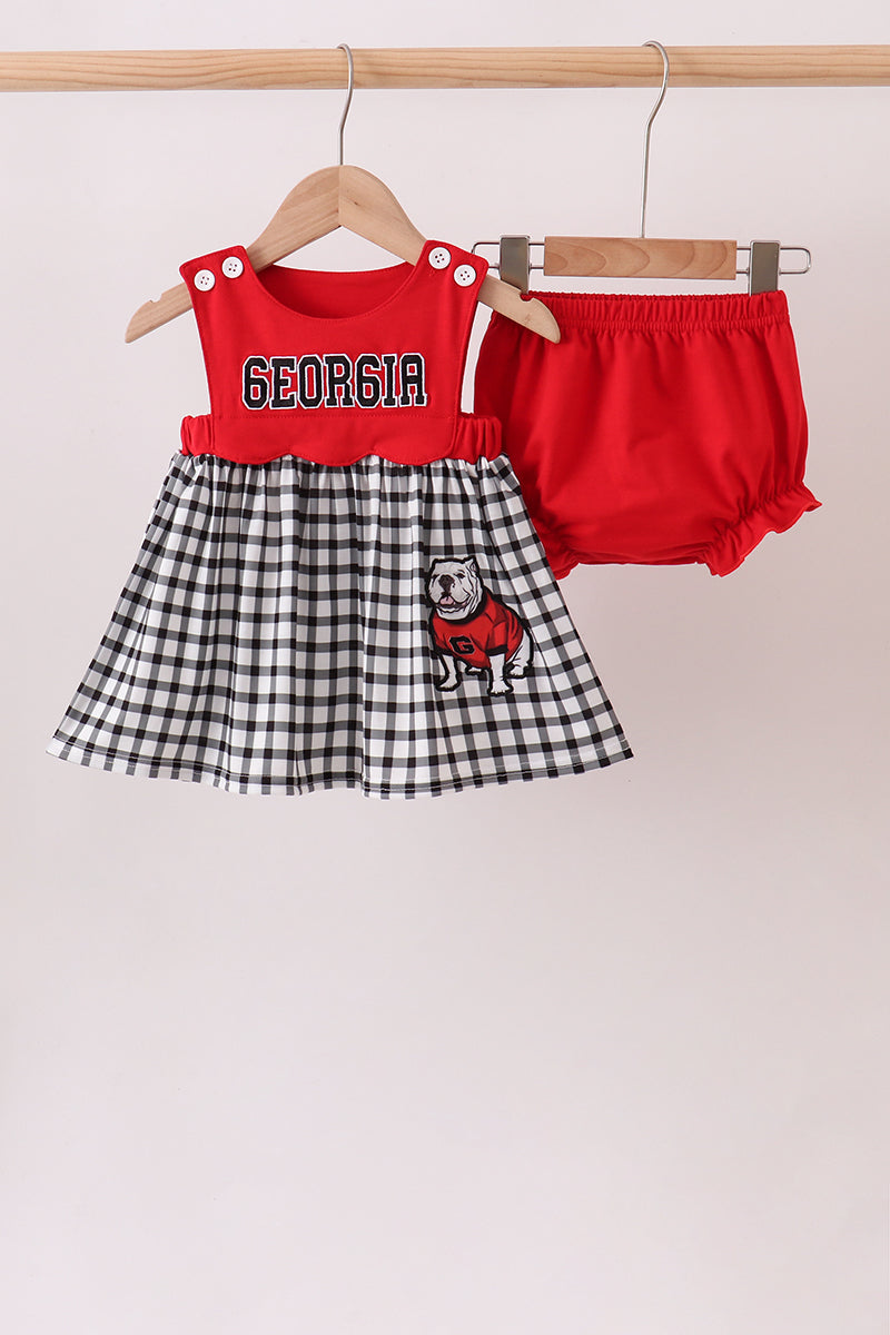 Girls Red Georgia Bulldogs Applique Gingham Bloomer Set 