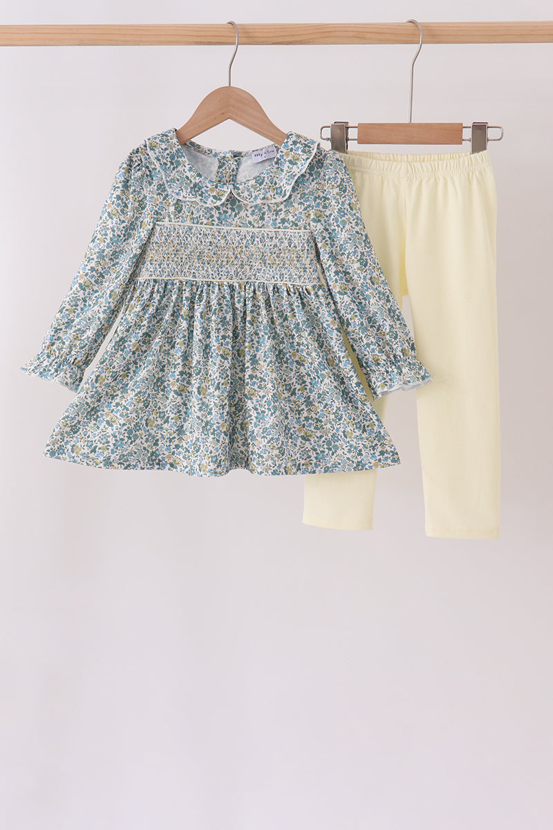 Girls Sage Floral Smocked Pants Set
