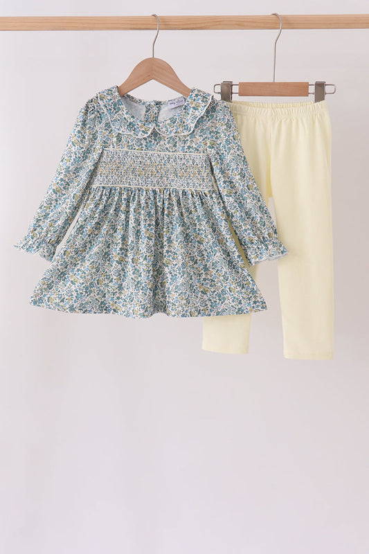 Girls Sage Floral Smocked Pants Set