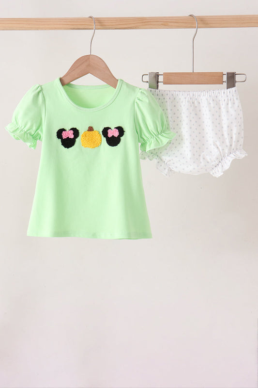 Green Minnie Mouse Character French Knot Bloomer Set