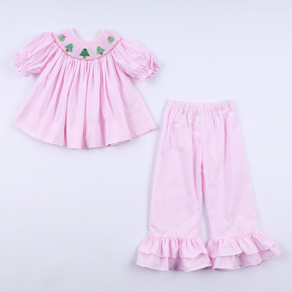 Girls Pink Christmas Tree Hand Smocked Ruffle Pants Set
