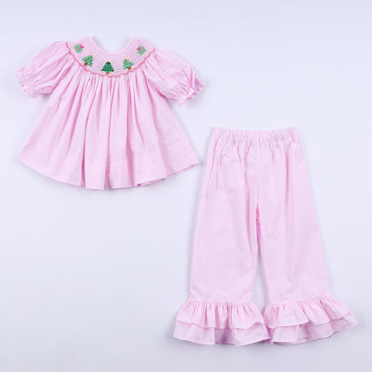 Girls Pink Christmas Tree Hand Smocked Ruffle Pants Set