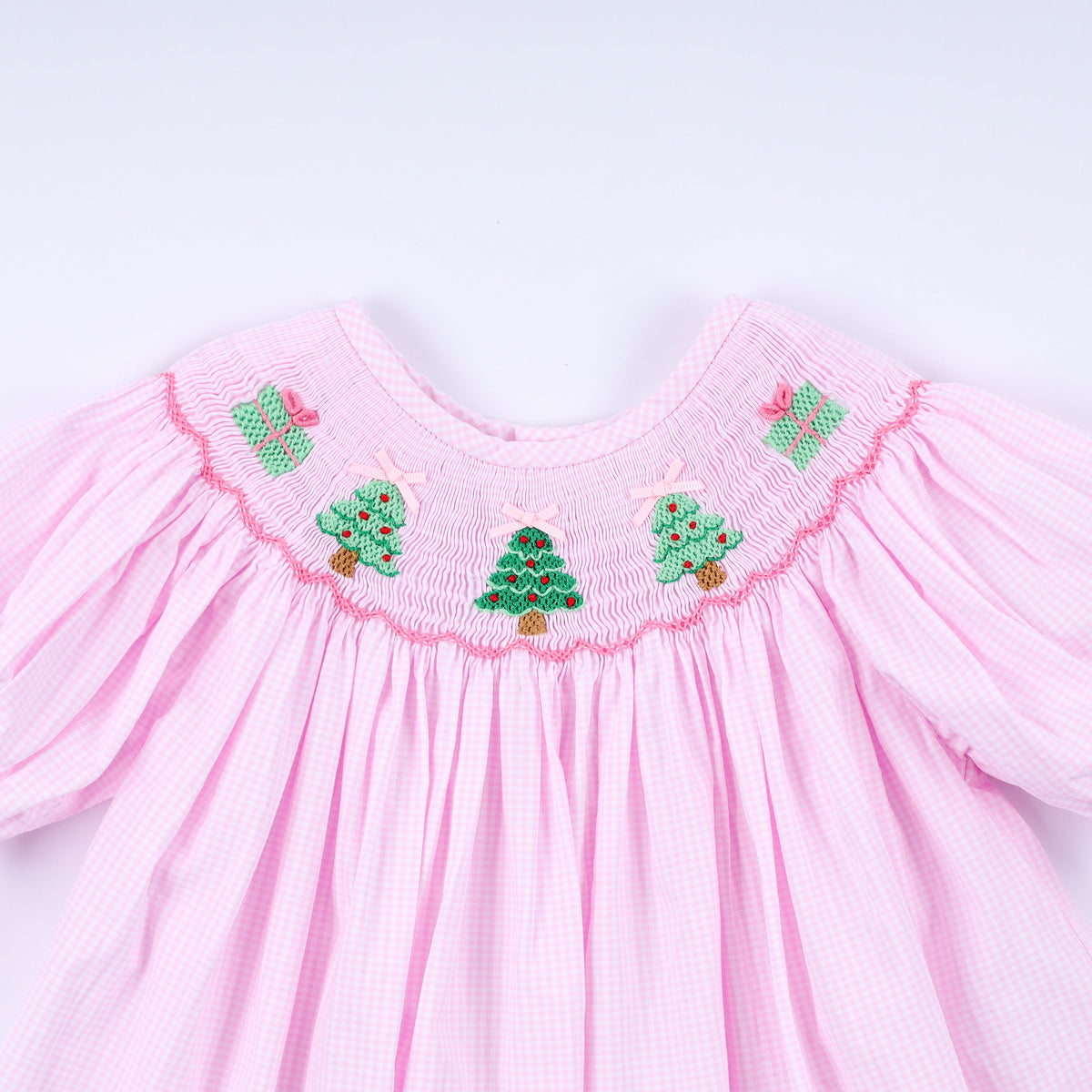 Girls Pink Christmas Tree Hand Smocked Ruffle Pants Set