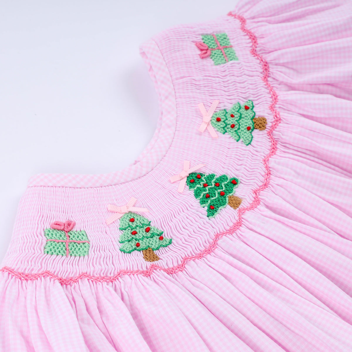 Girls Pink Christmas Tree Hand Smocked Ruffle Pants Set