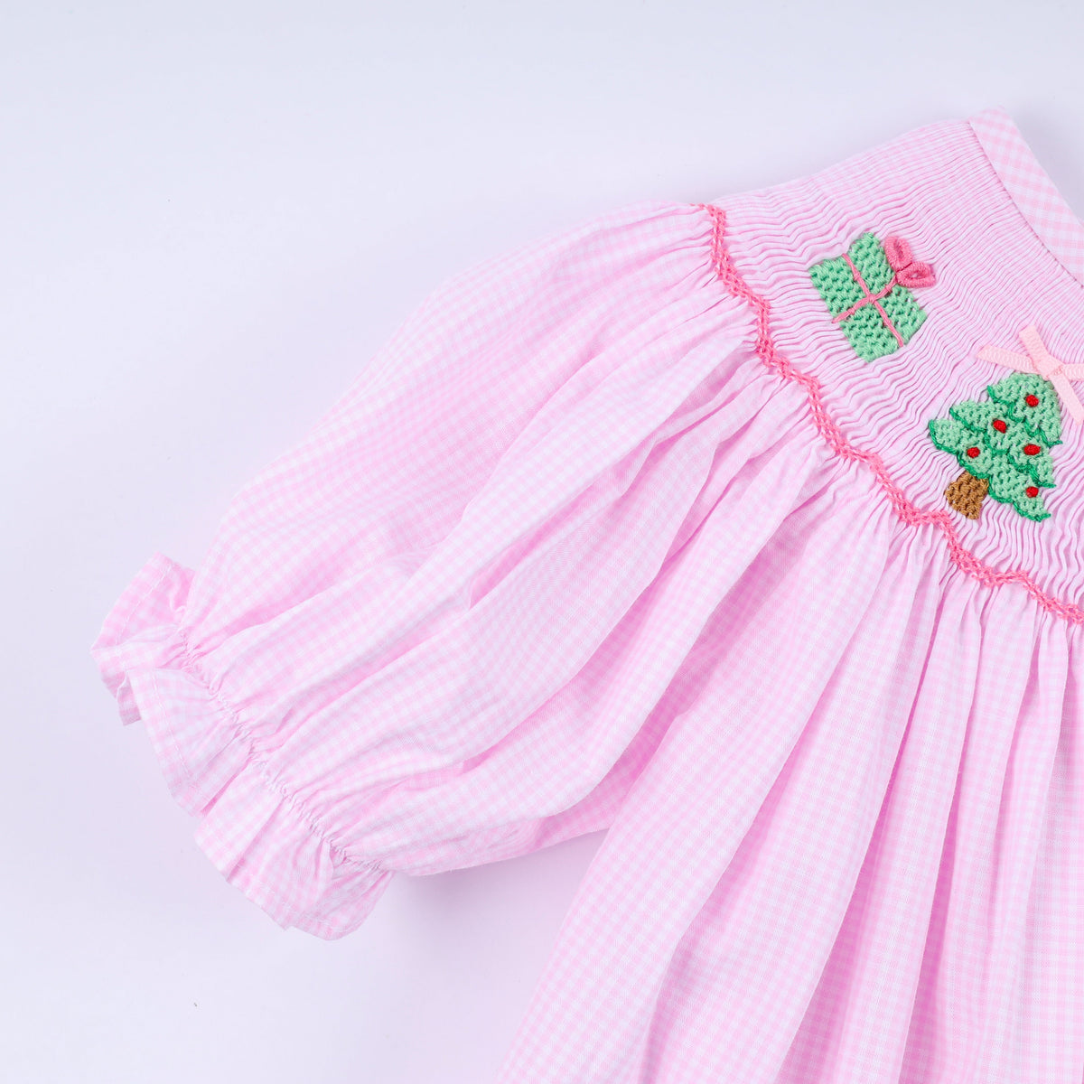 Girls Pink Christmas Tree Hand Smocked Ruffle Pants Set