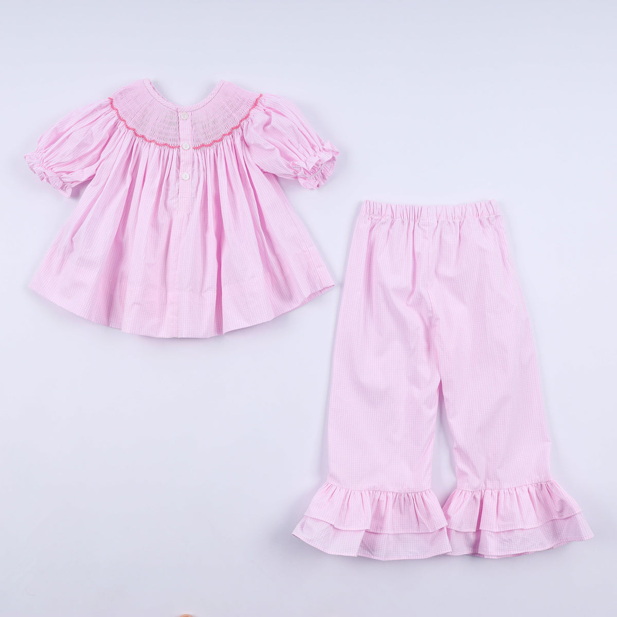 Girls Pink Christmas Tree Hand Smocked Ruffle Pants Set