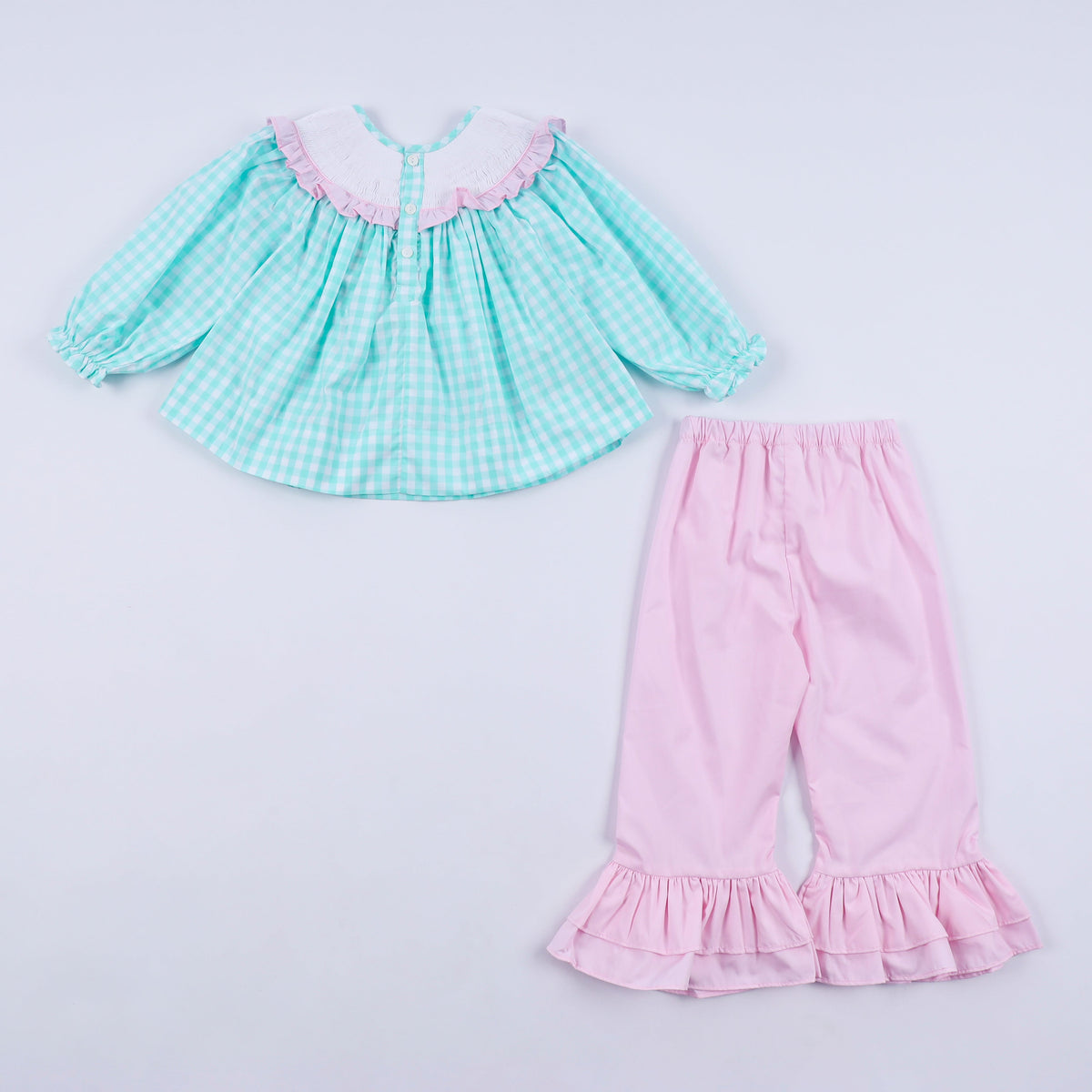 Mint Christmas Nutcracker Hand Smocked Gingham Ruffle Pants Set