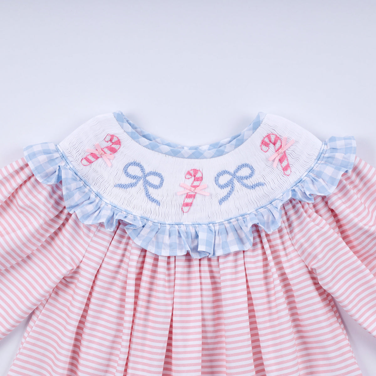 Girls Pink Candy Cane Bow Hand Smocked Ruffle Dress