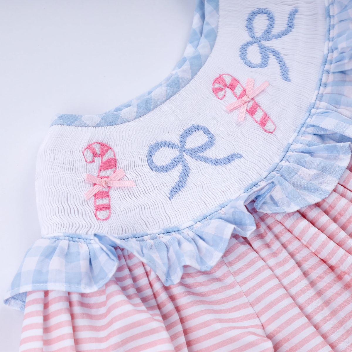 Girls Pink Candy Cane Bow Hand Smocked Ruffle Dress