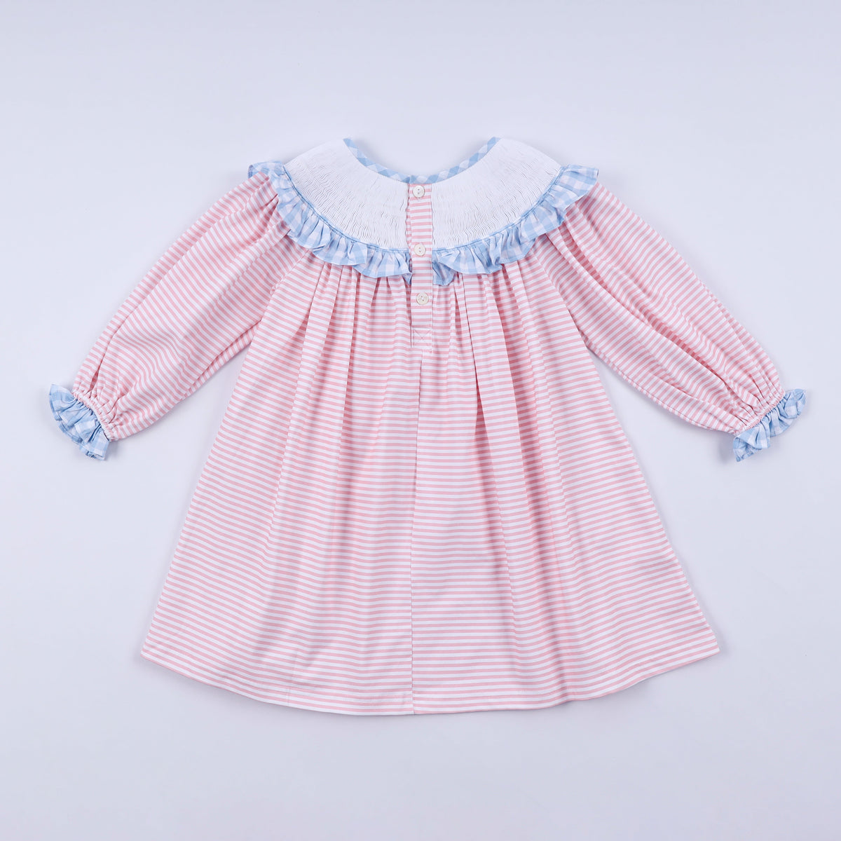 Girls Pink Candy Cane Bow Hand Smocked Ruffle Dress