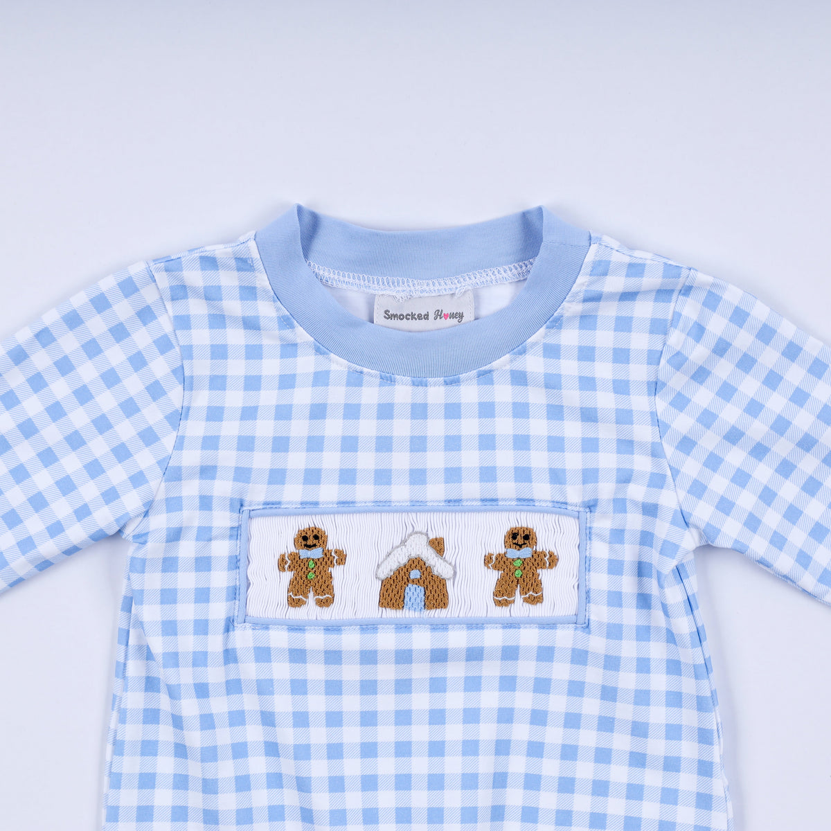 Baby Boy Blue Gingerbread Hand Smocked Gingham Romper