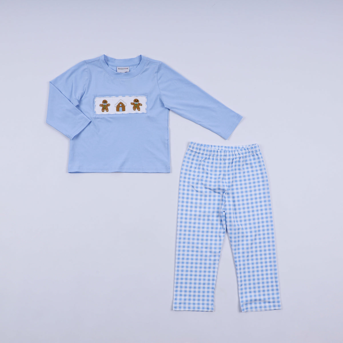 Boys Blue Gingerbread Hand Smocked Gingham Pants Set