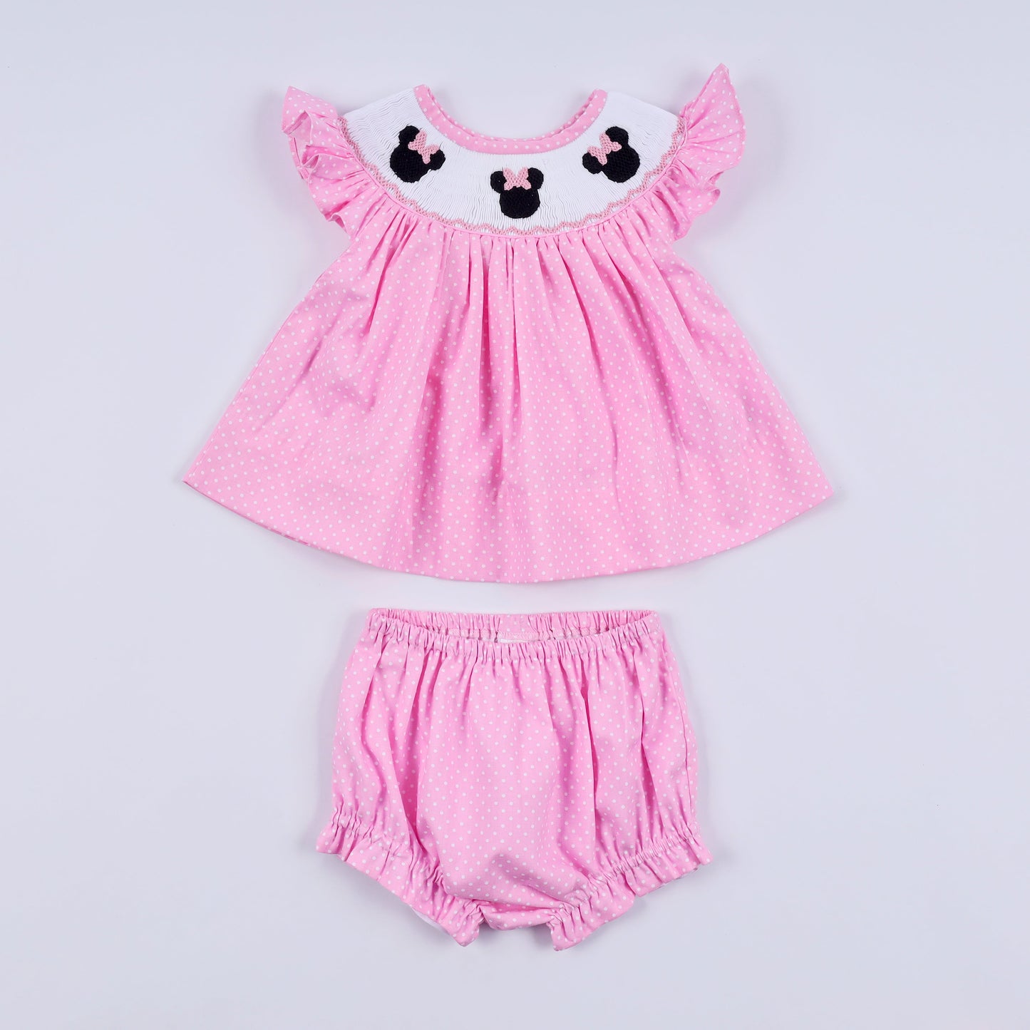 Pink Smocked Dot Ruffle Bloomer Set