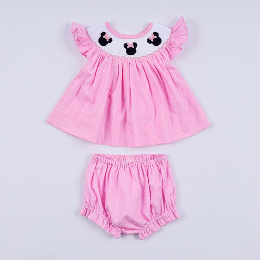 Pink Smocked Dot Ruffle Bloomer Set