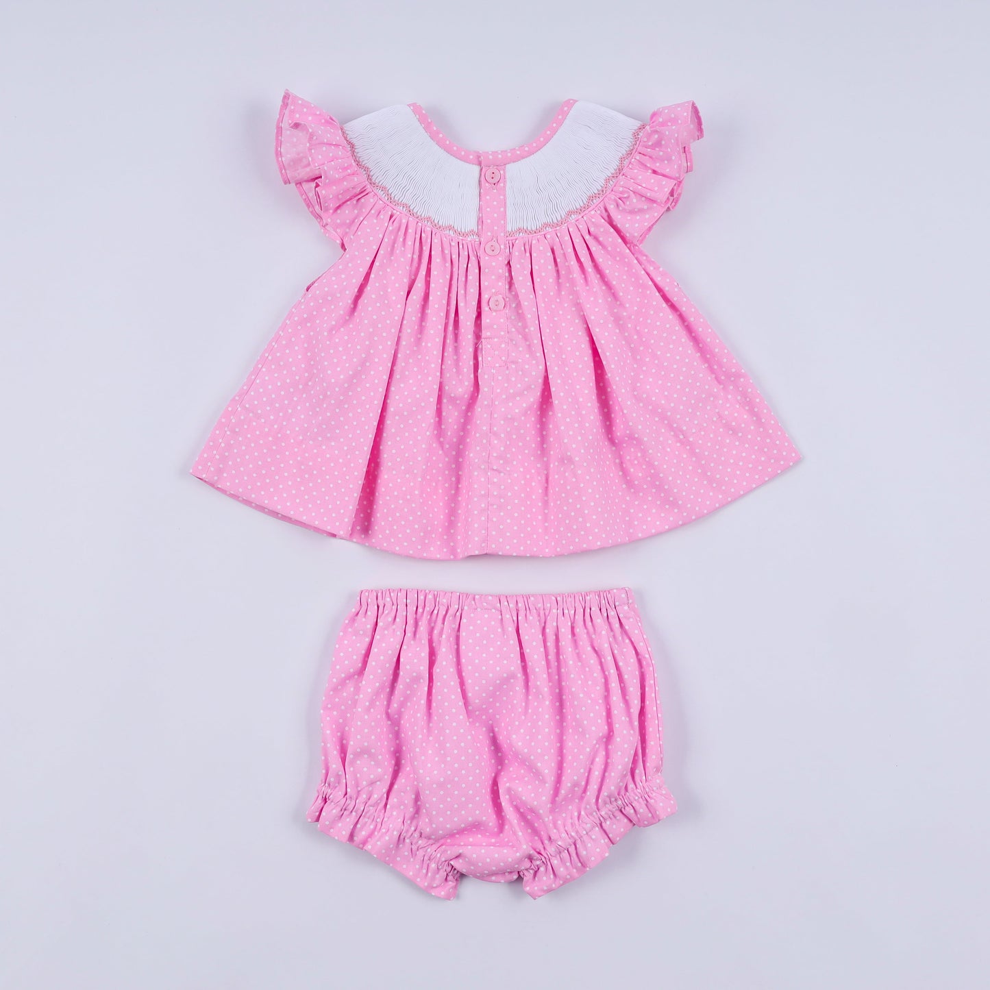 Pink Smocked Dot Ruffle Bloomer Set