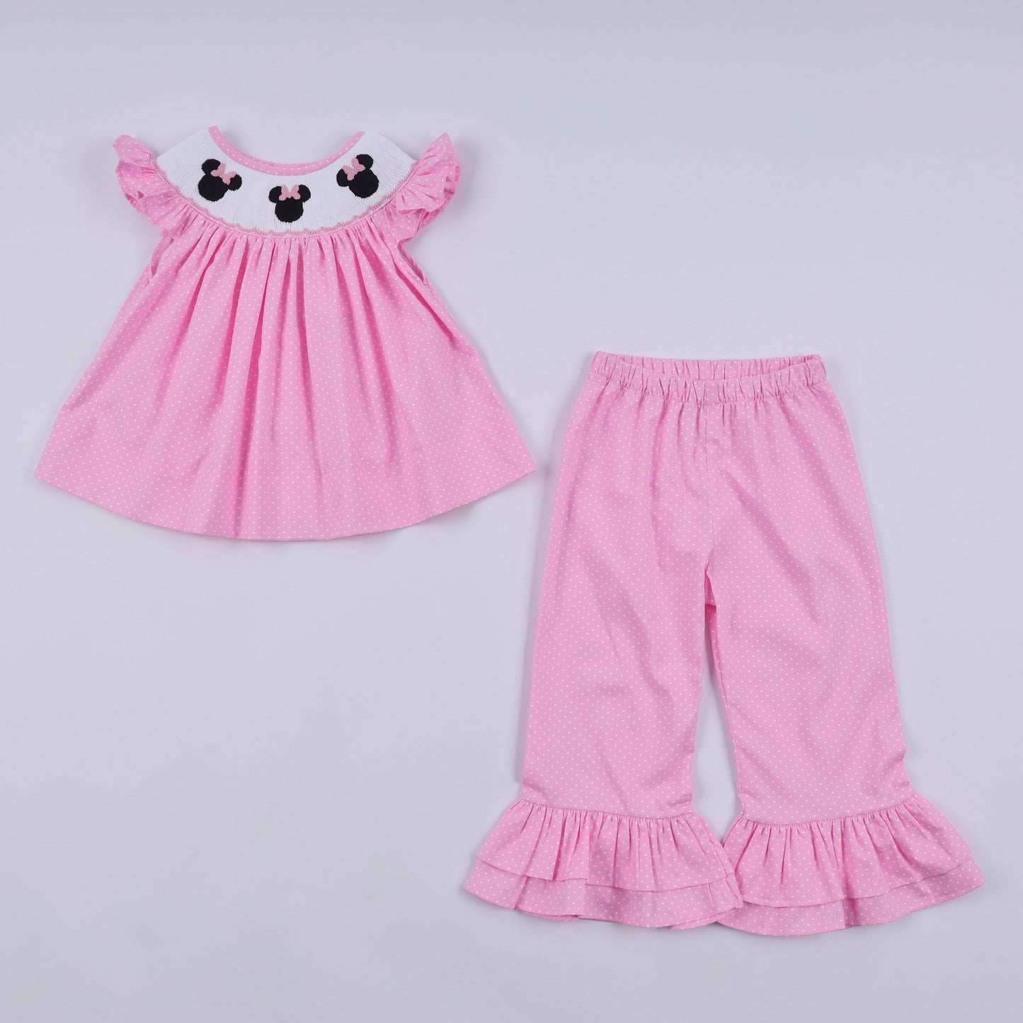 Girls Pink Hand Smocked Dot Ruffle Minnie Pants Set