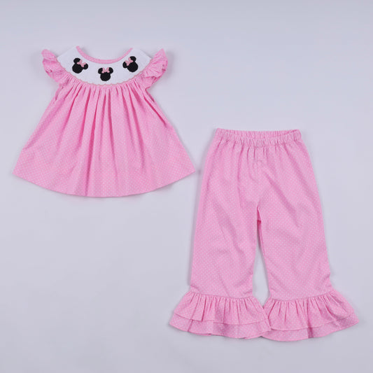 Girls Pink Hand Smocked Dot Ruffle Minnie Pants Set