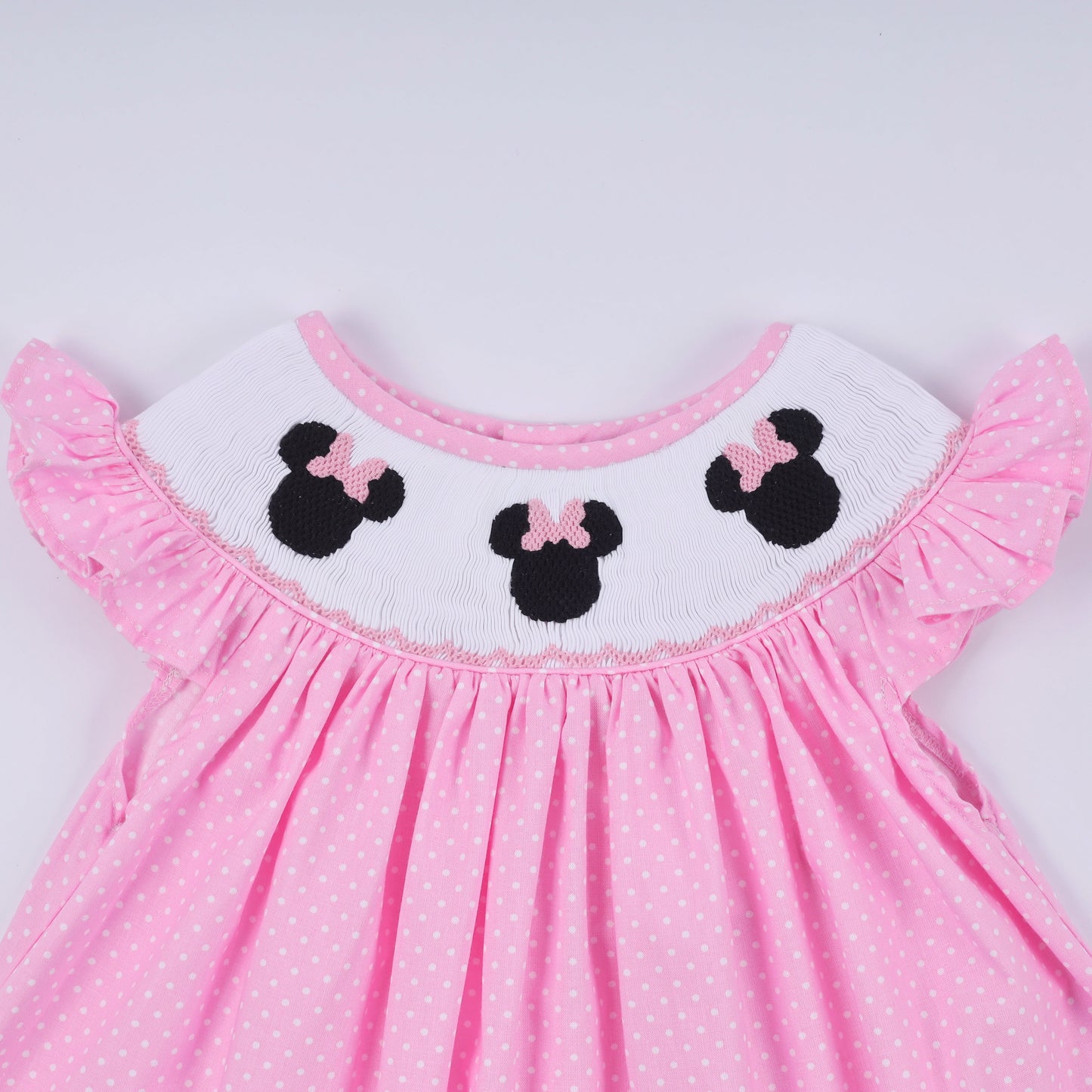 Girls Pink Hand Smocked Dot Ruffle Minnie Pants Set