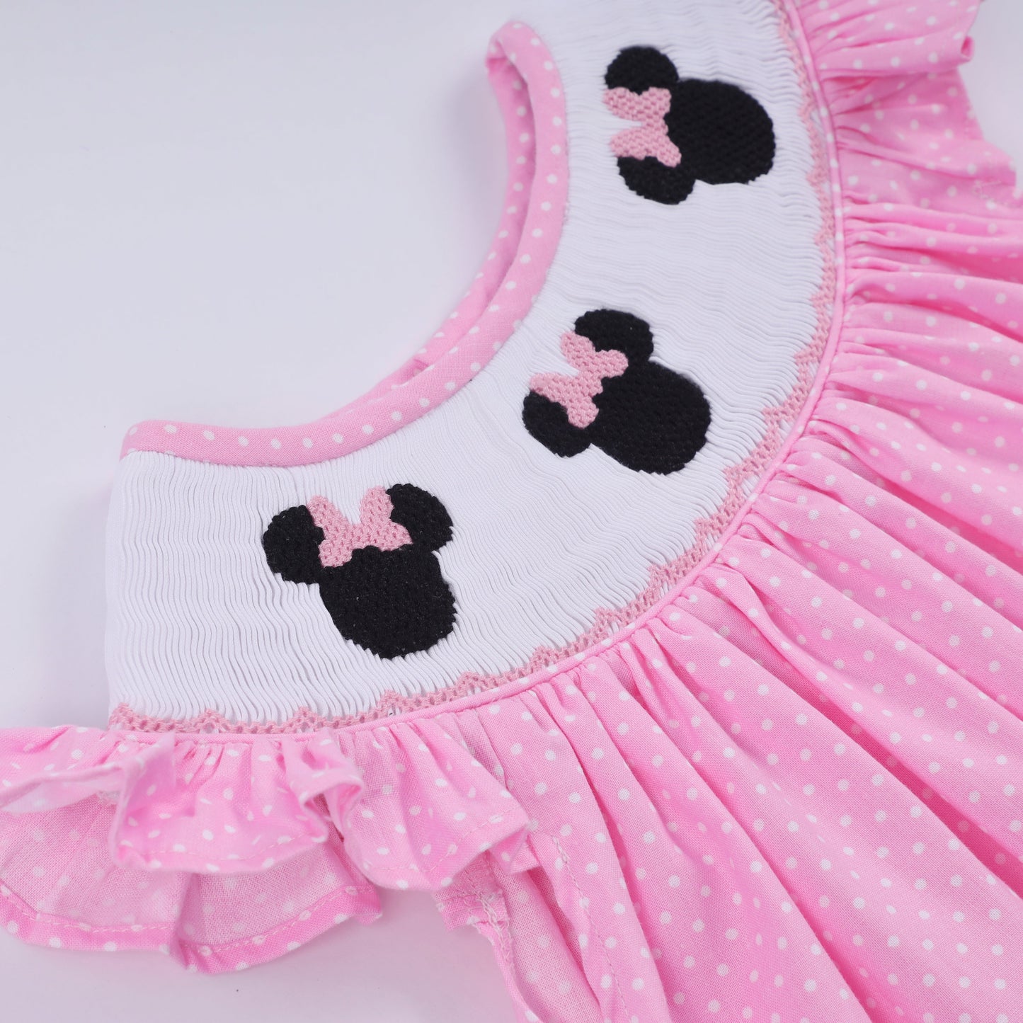 Girls Pink Hand Smocked Dot Ruffle Minnie Pants Set