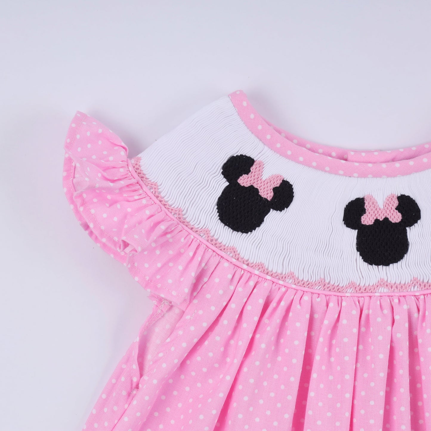 Girls Pink Hand Smocked Dot Ruffle Minnie Pants Set