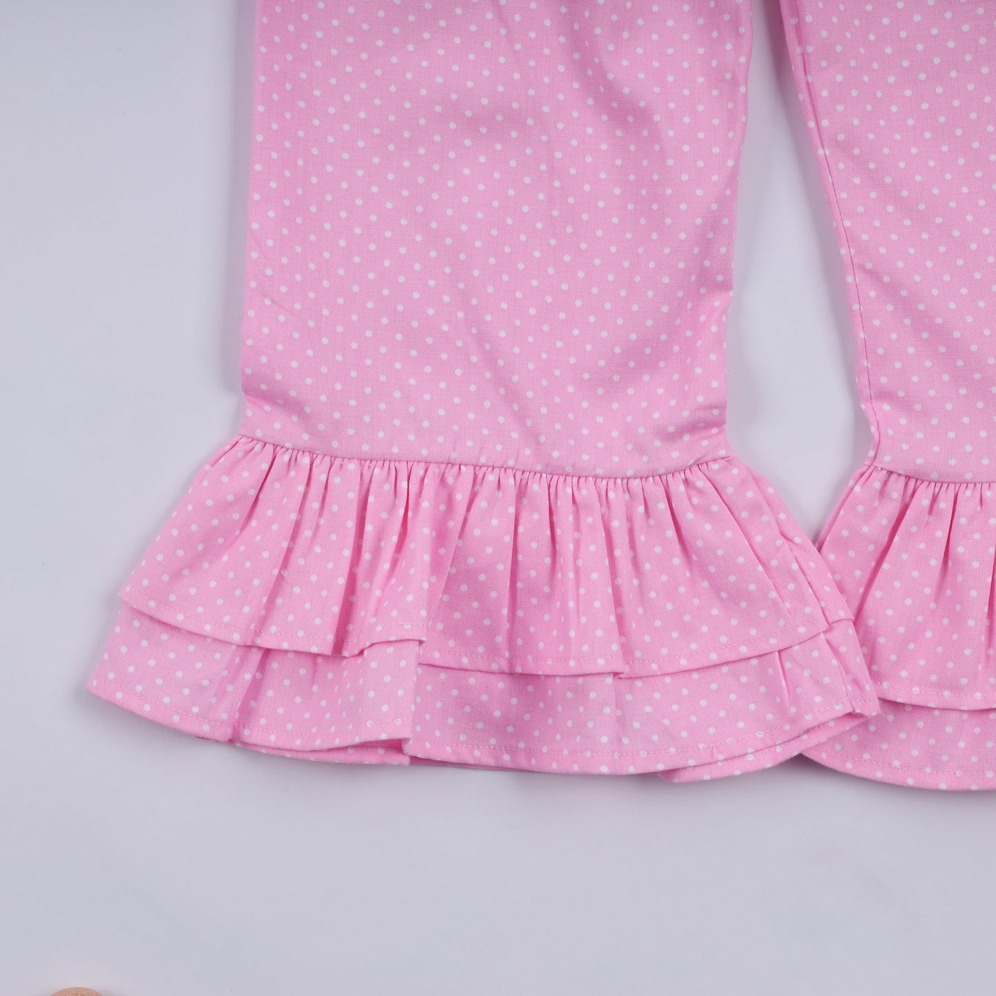 Girls Pink Hand Smocked Dot Ruffle Minnie Pants Set