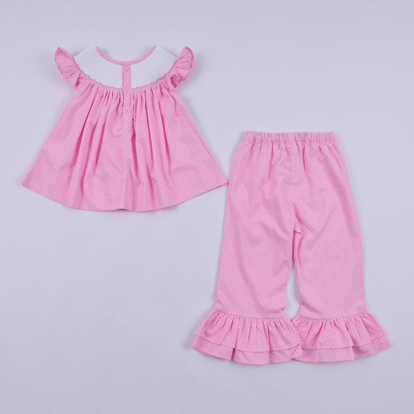 Girls Pink Hand Smocked Dot Ruffle Minnie Pants Set