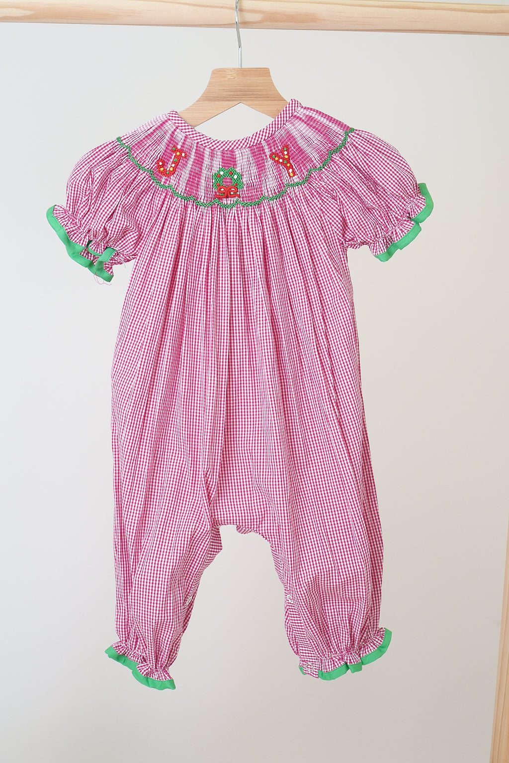 Christmas Pink “Joy” Hand Smocked Gingham Romper for Girls