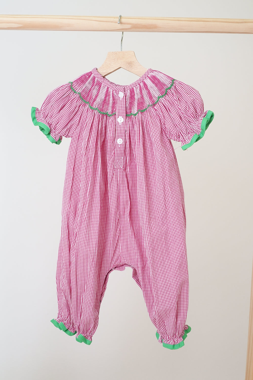 Christmas Pink “Joy” Hand Smocked Gingham Romper for Girls