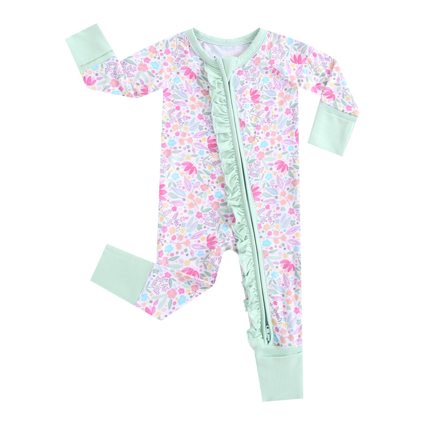 Tiny Blooms Ruffled Bamboo Zippered Baby Romper
