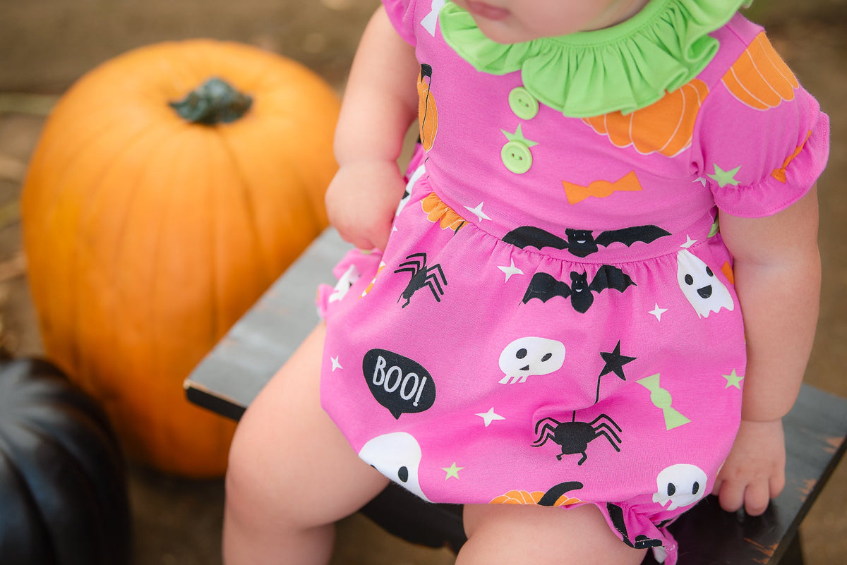 Boo! Pink Knit Halloween Print Bubble with Lime Green Ruffle Collar