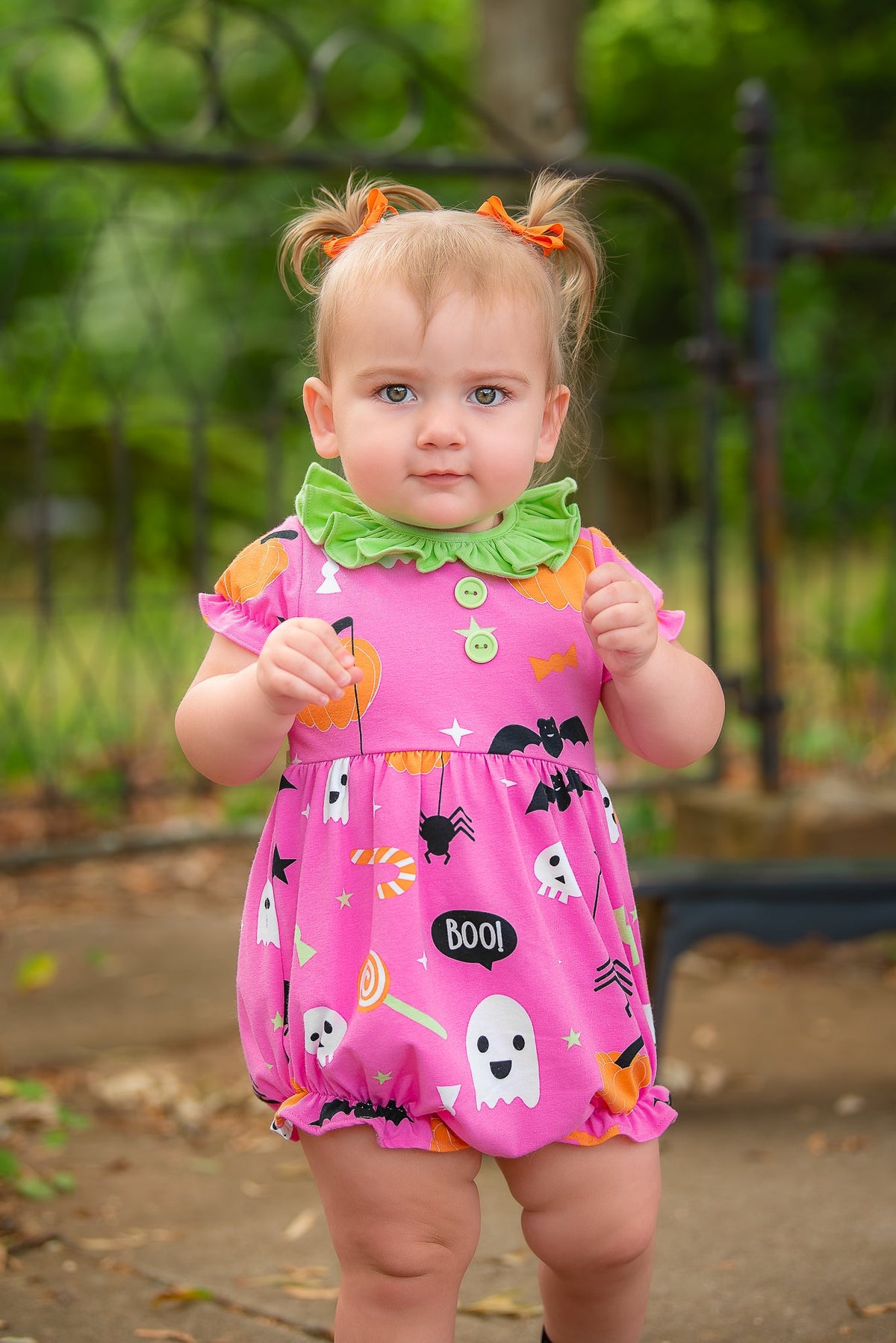 Boo! Pink Knit Halloween Print Bubble with Lime Green Ruffle Collar