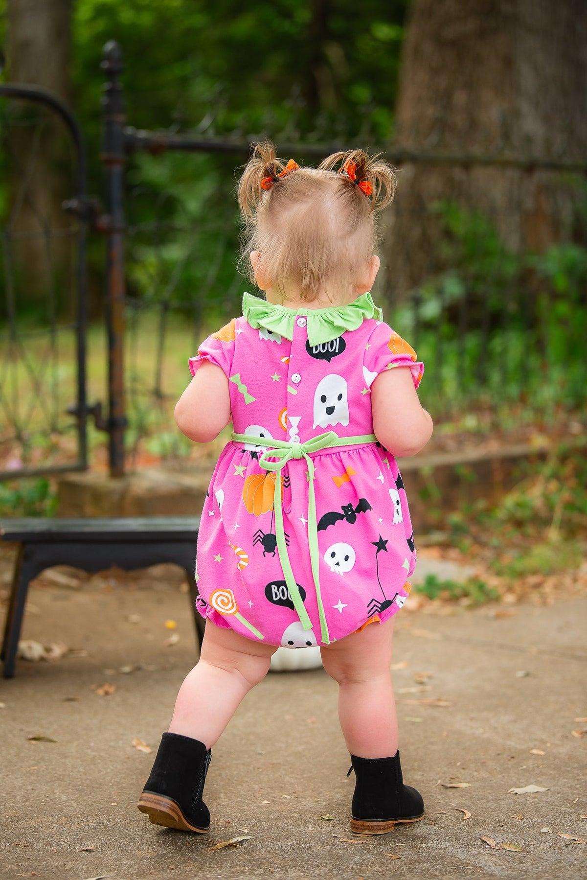 Boo! Pink Knit Halloween Print Bubble with Lime Green Ruffle Collar