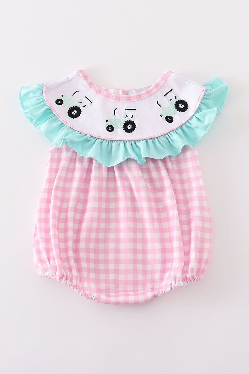 Pink Tractor Embroidery Plaid Baby Girl Bubble