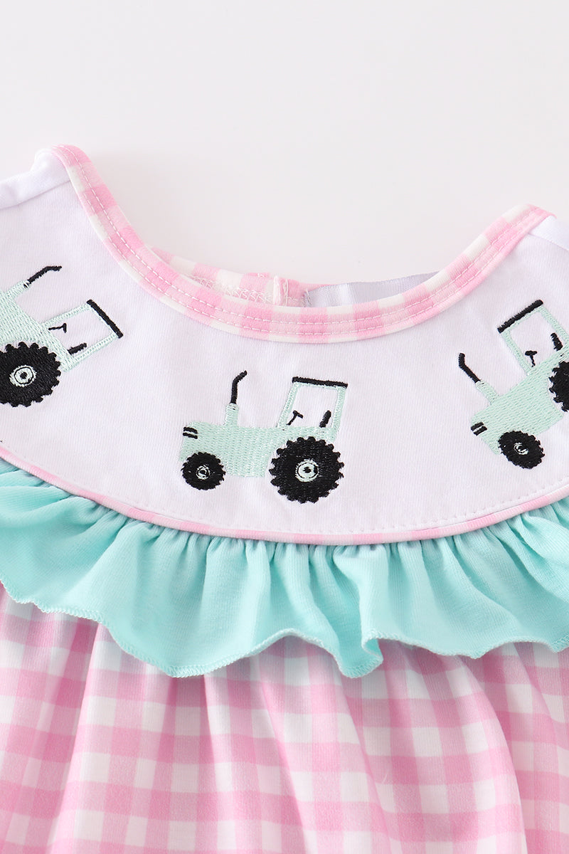 Pink Tractor Embroidery Plaid Baby Girl Bubble