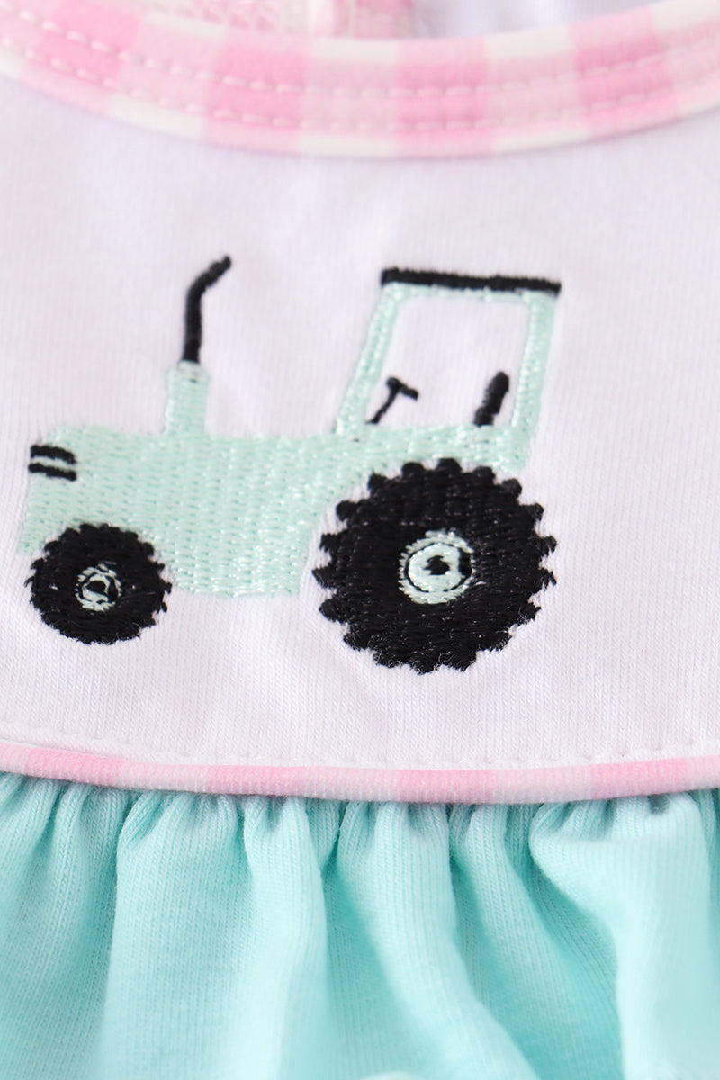 Pink Tractor Embroidery Plaid Baby Girl Bubble