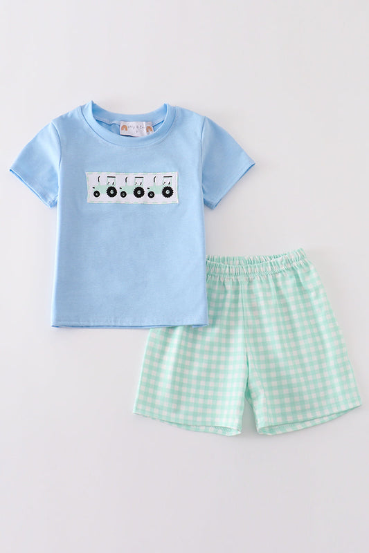 Blue Tractor Embroidery Boy Shorts Set