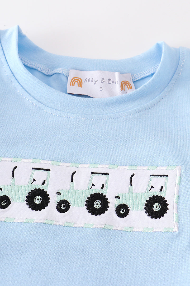 Blue Tractor Embroidery Boy Shorts Set